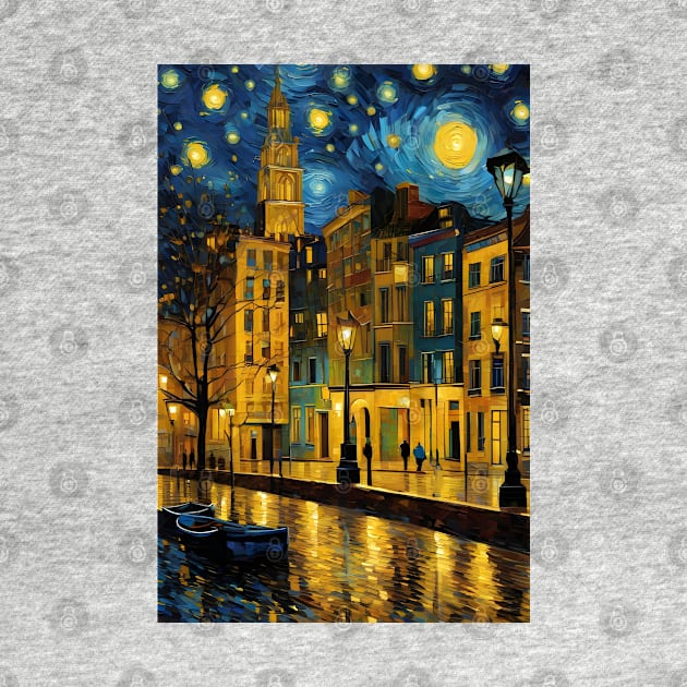 Beautiful city in Vincent van Gogh starry night style by Spaceboyishere
